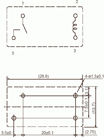 Схема реле FTR-H3 с расположением выводов и отверстий на печатной плате (вид снизу)