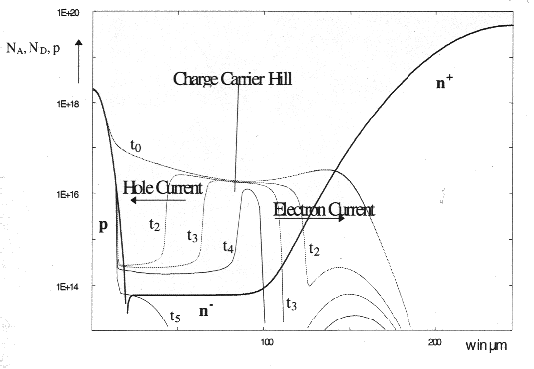 Диффузионный профиль и снижение носителей заряда (плотность дырок) в жестком диоде