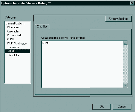 Раздел C-SPY Debugger (JTAG) в диалоговом окне Options дает пользователю возможность изменять настройки под конкретный модуль адаптера «последовательный интерфейс – JTAG»
