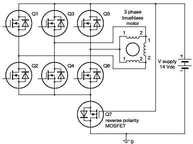 Блок-схема управления бесщеточного трехфазового электромотора с защитой от переполюсовки